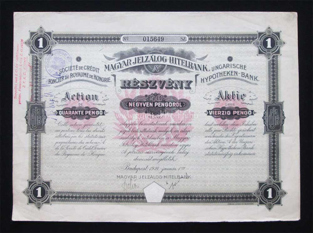 Magyar Jelzlog-Hitelbank rszvny 40 peng 1927
